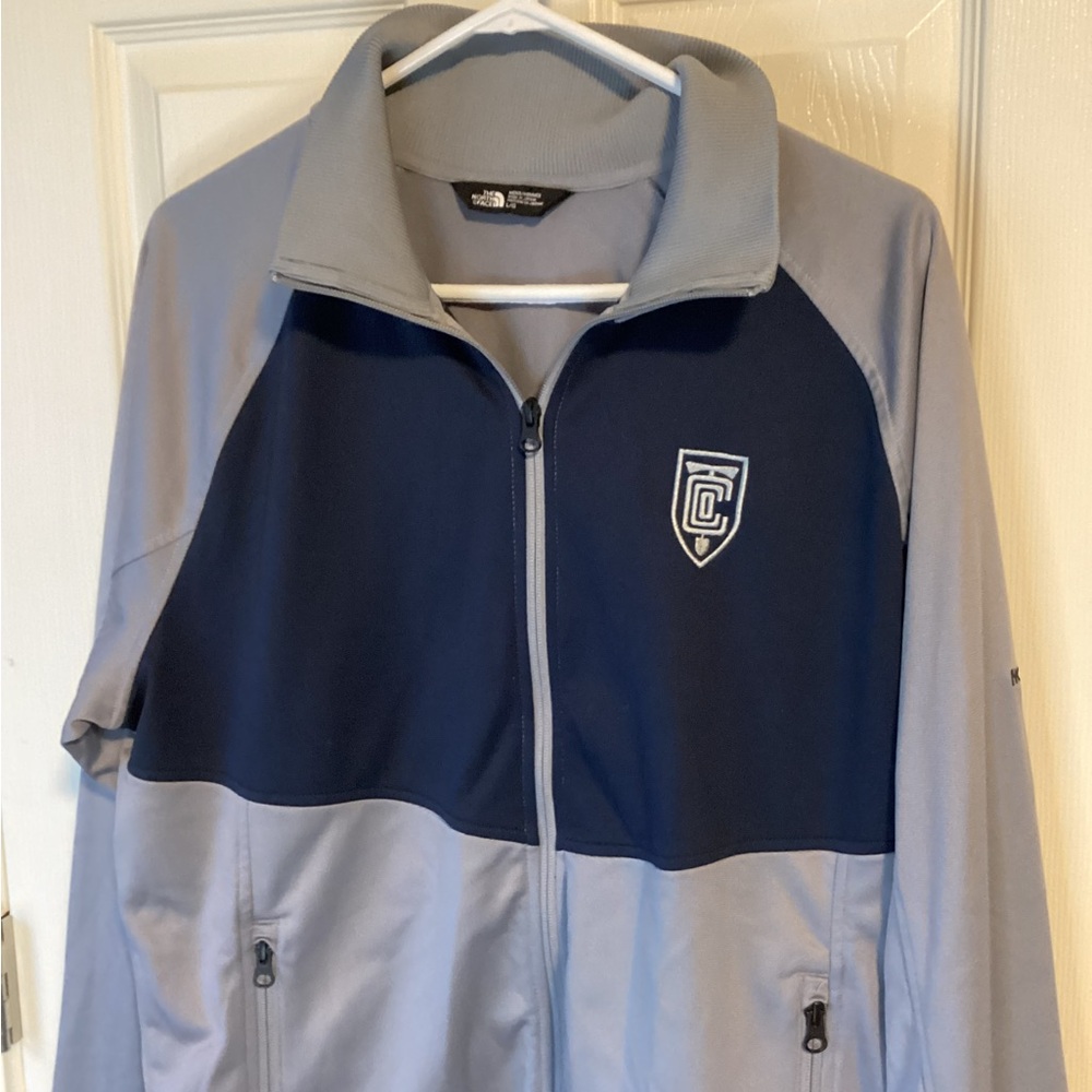 Gray and blue NorthFace track jacket-size large